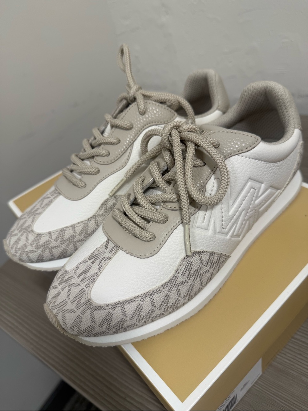 Michael Kors Beige and White Monogram Sneakers